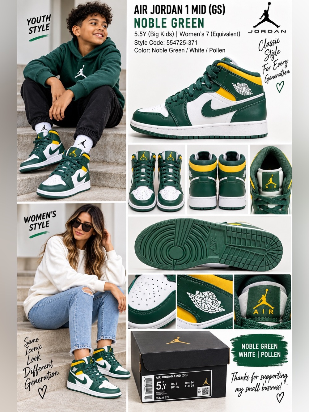 Air Jordan 1 Mid GS Noble Green White 5.5Y Women’s 7 554725-371 OG Box